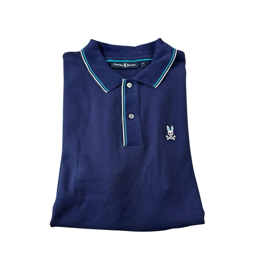 Psycho Bunny Navy Blue Tipped Cotton Bunny Logo Men's Polo Size 6 Excellent